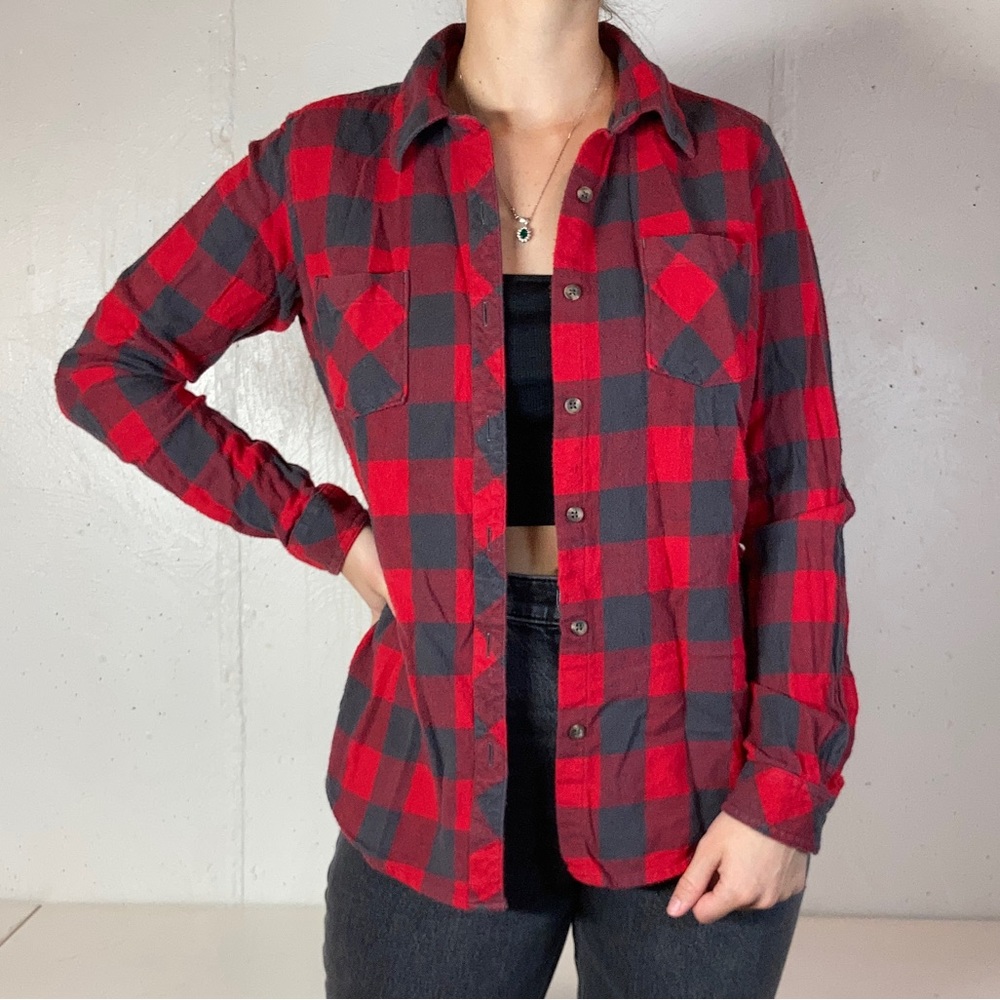 Red + Gray Buffalo Check Plaid Long Sleeve Flannel Collared Shirt - Picture 3 of 9